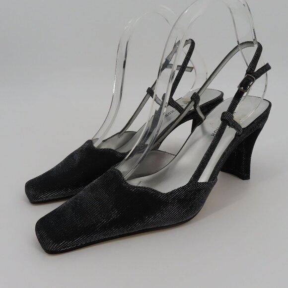 VTG Metaphor Women 9 M DAWN Black Silver Metallic Strappy Square Toe Heels Shoes - Picture 11 of 12